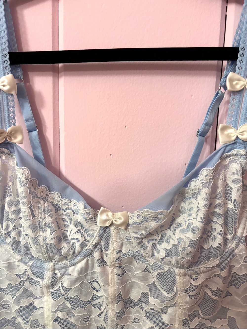 Pastel Blue & White Coquette Floral Lace Sheer Bow Corset Bustier Top - Medium - Picture 9 of 16